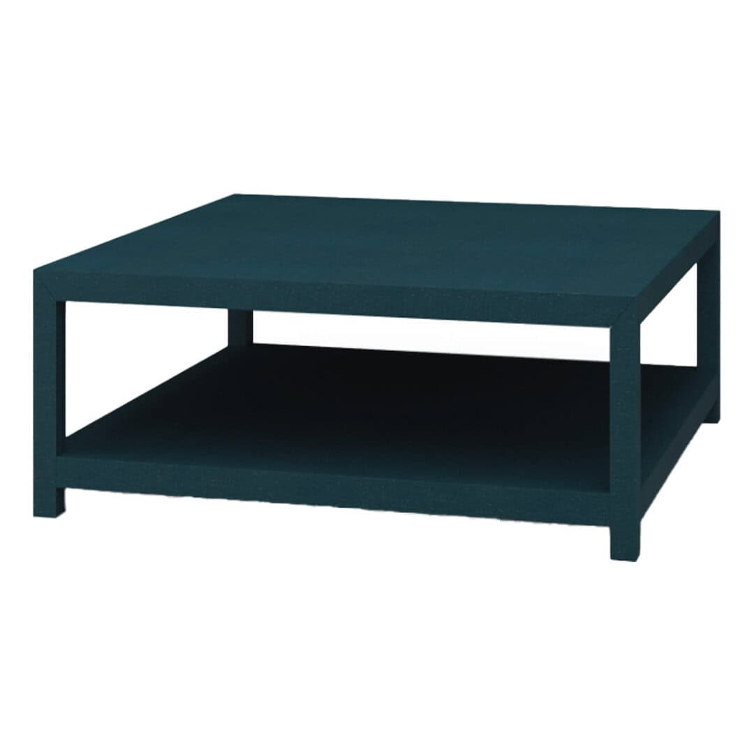 Milan Square Linen Wrapped Coffee Table Modern Blue Coffee Table With A Lower Shelf, Ideal For Living Room Decor And Functional Storage.