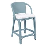 Light blue Maples counterstool with woven backrest and white cushioned seat, ideal for kitchen or bar area, showcasing quality craftsmanship and stylish design.