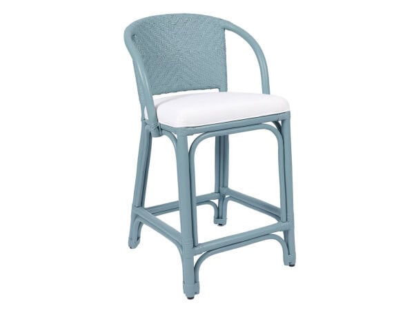 Light blue Maples counterstool with woven backrest and white cushioned seat, ideal for kitchen or bar area, showcasing quality craftsmanship and stylish design.
