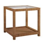 Wooden end table with glass top and lower shelf, ideal for living room or bedroom decor.