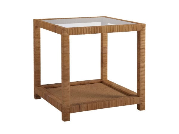 Wooden end table with glass top and lower shelf, ideal for living room or bedroom decor.