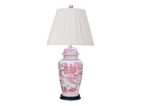 Elegant pink and white Chinois style lamp with a fabric shade, perfect for classic interior decor.