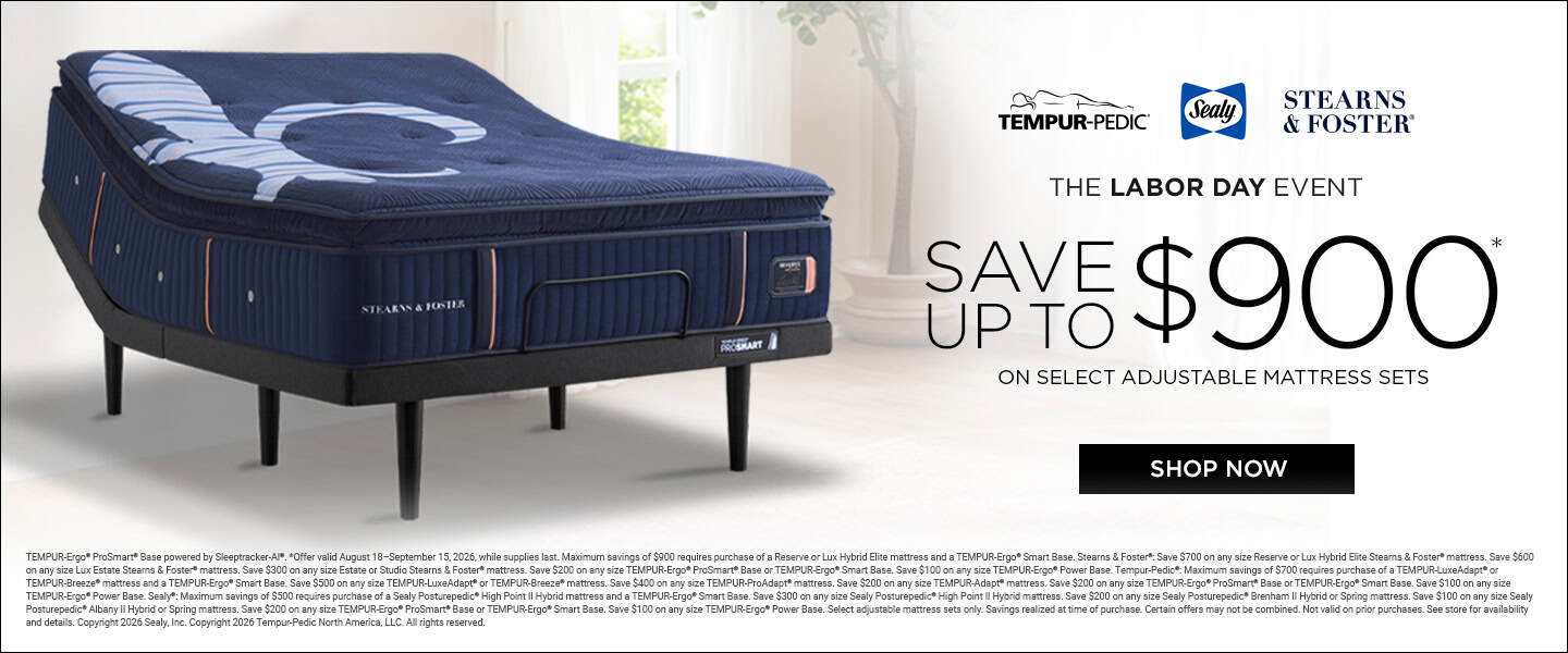 Tempur-Pedic Adjustable Mattress Set On Display With Promotional Text Offering Up To $900 Savings During Labor Day Event.