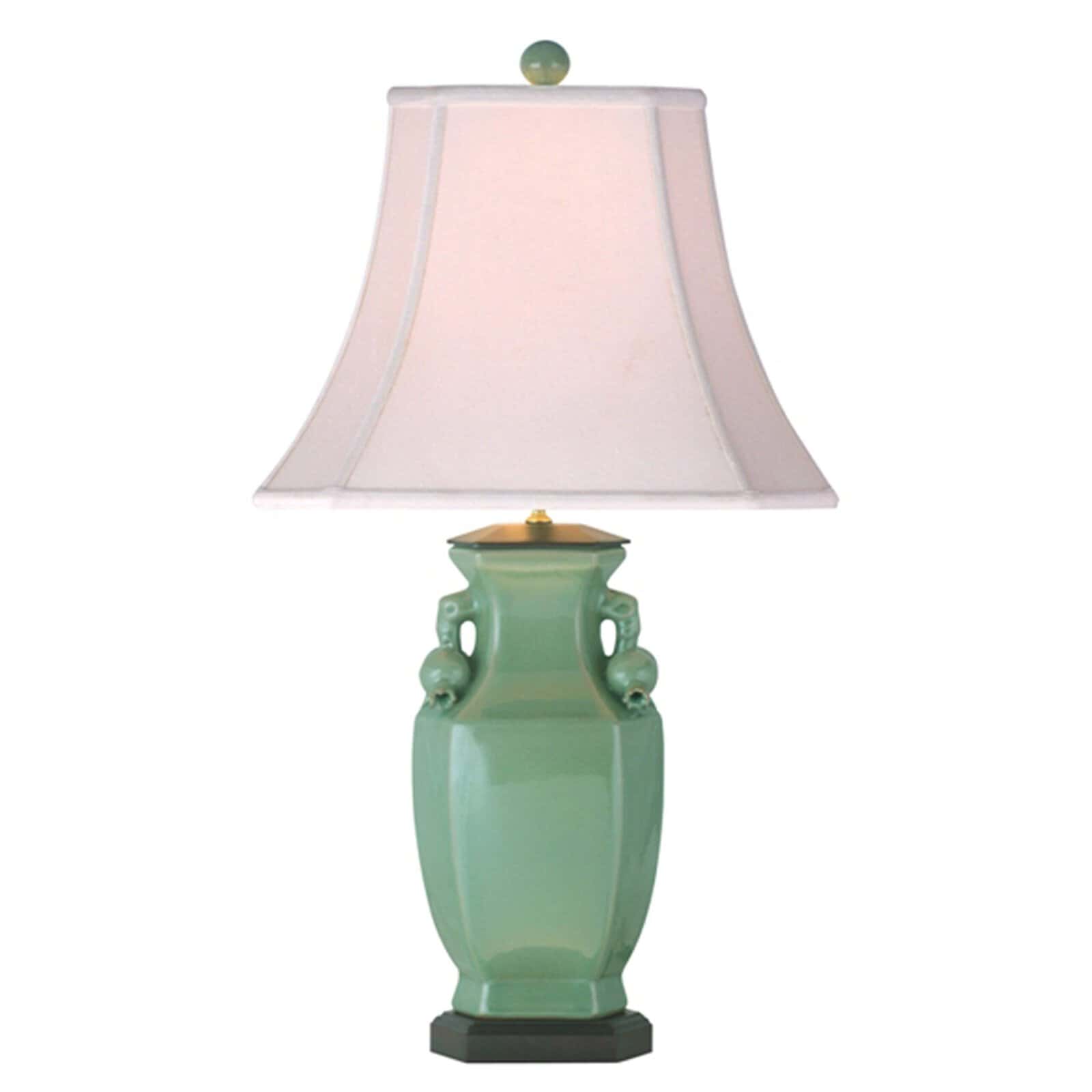 Elegant Green Vase Lamp For Living Room Green Ceramic Vase Lamp With A White Fabric Shade, Decorative Handles, And A Black Base, Ideal For Classic Or Modern Interior Decor.