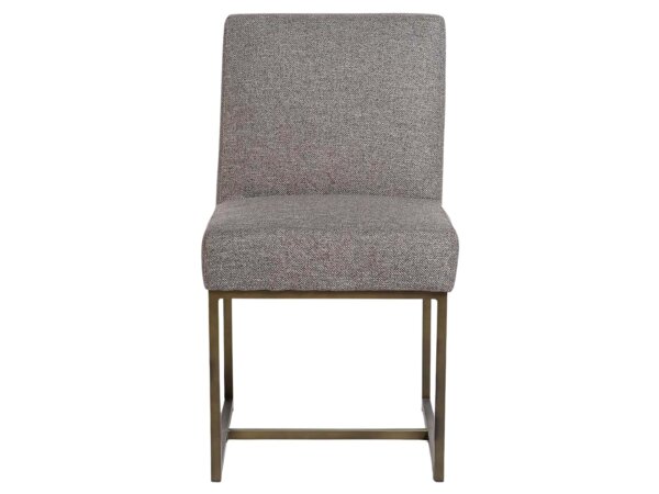 Modern gray upholstered dining chair with metal legs, ideal for contemporary dining rooms, available at Swanns Furniture in Tyler, Texas.