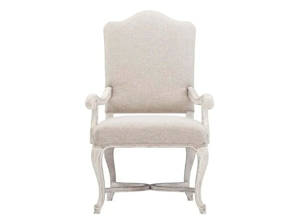 Elegant Mirabelle side chair with cream upholstery and distressed white wooden frame, perfect for classic or vintage interior decor.