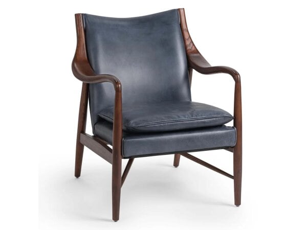 Stylish black leather armchair with wooden frame, perfect for living rooms and offices in Tyler, Texas.