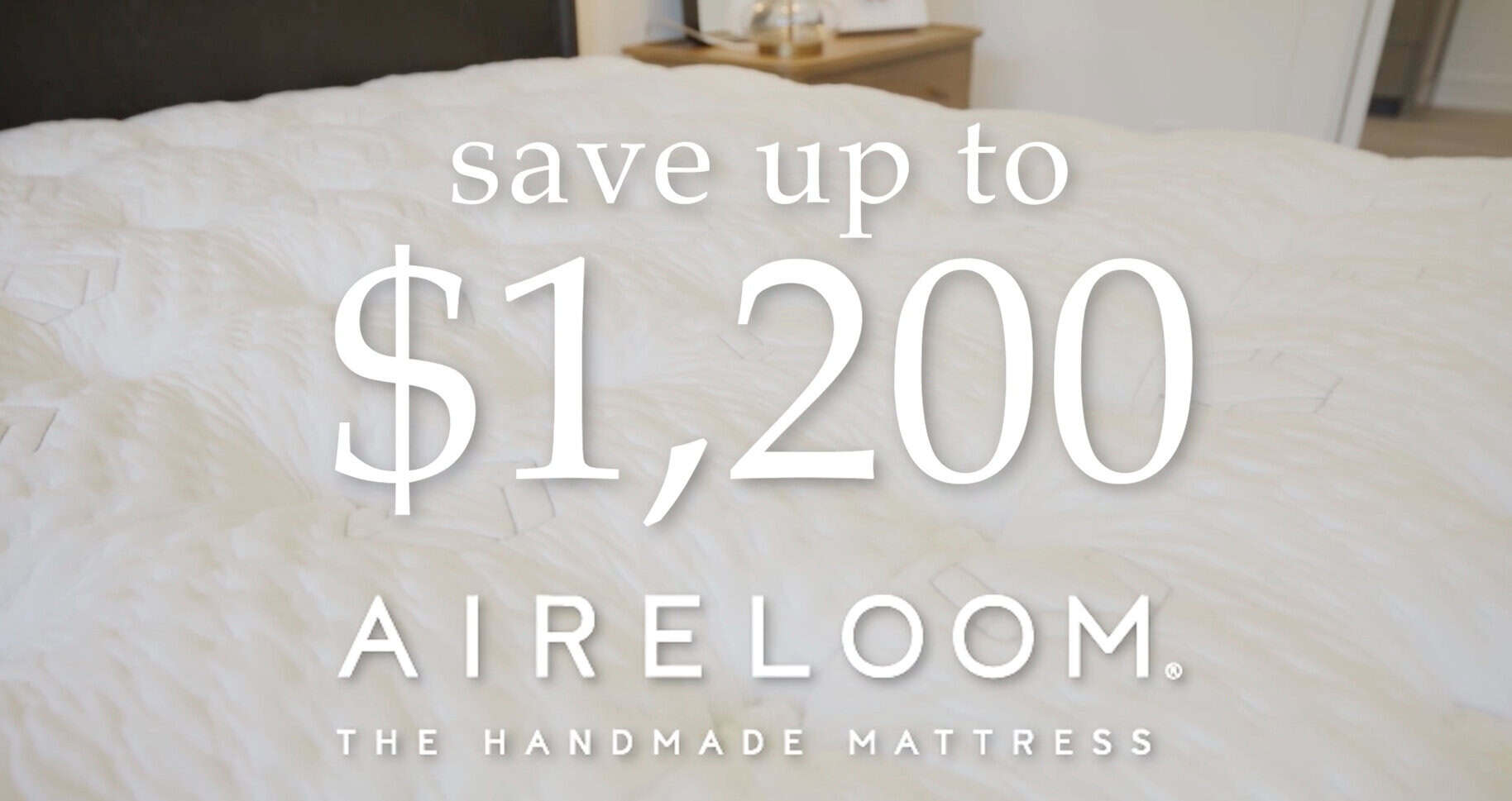 Promotional Image For Aireloom Mattresses Showing A Bed With A White Comforter And A Discount Offer Of Up To $1,200 At Swann&Amp;Apos;S Furniture In Tyler, Texas.