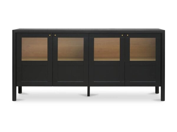 Black Hannah Sideboard with glass-paneled doors, perfect for modern living rooms, showcasing quality craftsmanship and stylish design from Swanns Furniture in Tyler, Texas.