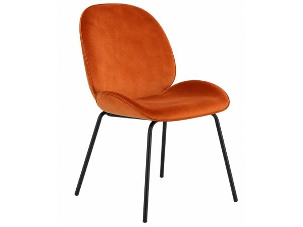 Stylish orange upholstered chair with black metal legs, perfect for contemporary home or office decor.