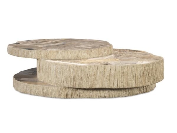 Rustic wooden coffee table with a natural finish, showcasing a unique layered design, ideal for modern or farmhouse-style living rooms.